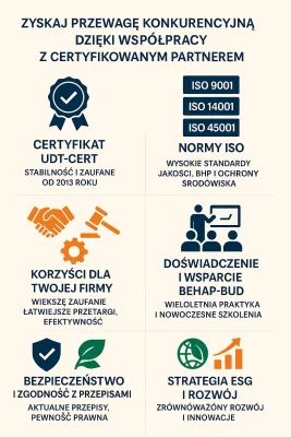 Dowiedz się, jak certyfikat UDT-CERT i współpraca z firmą BEHAP-BUD wspierają rozwój, bezpieczeństwo i wysoką jakość usług. Zyskaj przewagę konkurencyjną dzięki profesjonalnym szkoleniom i zarządzaniu zgodnym z normami ISO