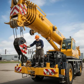 pracownik sprawdza sprawność żurawia samojezdnego