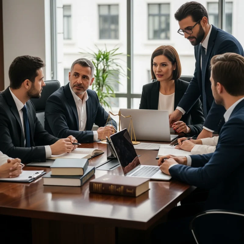 pracodawca konsultuje się ze specjalistami przy stole konferencyjnym
