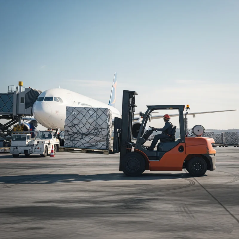 pracownik prowadzi wózek widłowy transportujący palety na płycie lotniska