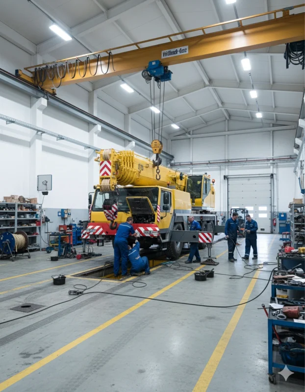 Żuraw samojezdny, przenośny i przewoźny wykorzystywany podczas kursu konserwacji żurawi w BEHAP-BUD w Trzebini.