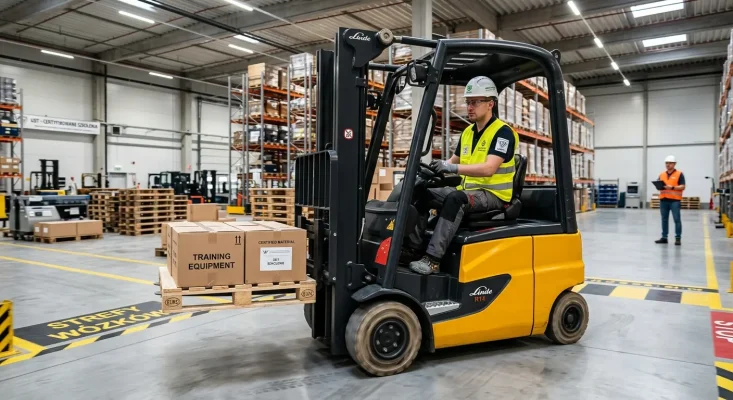 Operator wozka widlowego podczas szkolenia UDT w zakladzie produkcyjnym