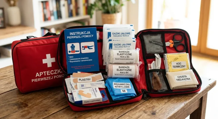 Dobrze zorganizowana apteczka pierwszej pomocy otwarta na biurku, widoczne wszystkie niezbędne elementy - gaziki, bandaże, rękawiczki