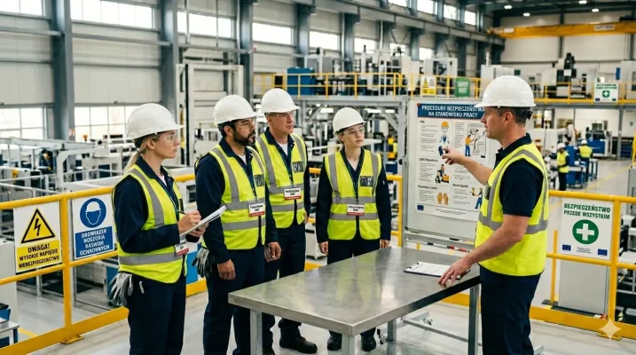 Szkoleniowiec w kasku i kamizelce prowadzi instruktaż stanowiskowy BHP dla pracowników w fabryce.